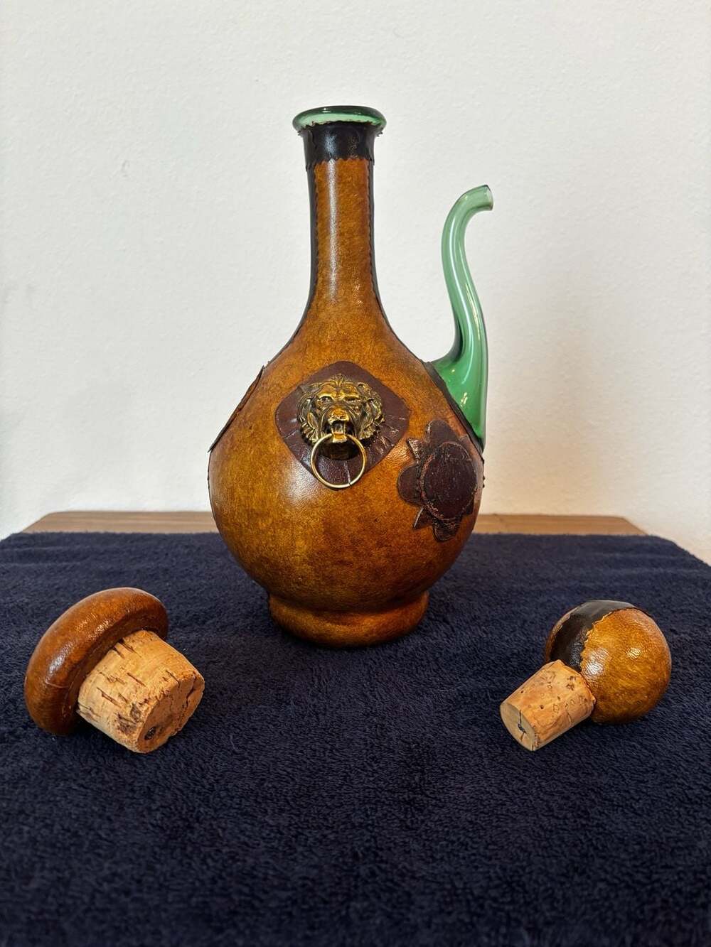 Vintage Italian Leather Wrapped Glass Decanter with Lion Head Motif